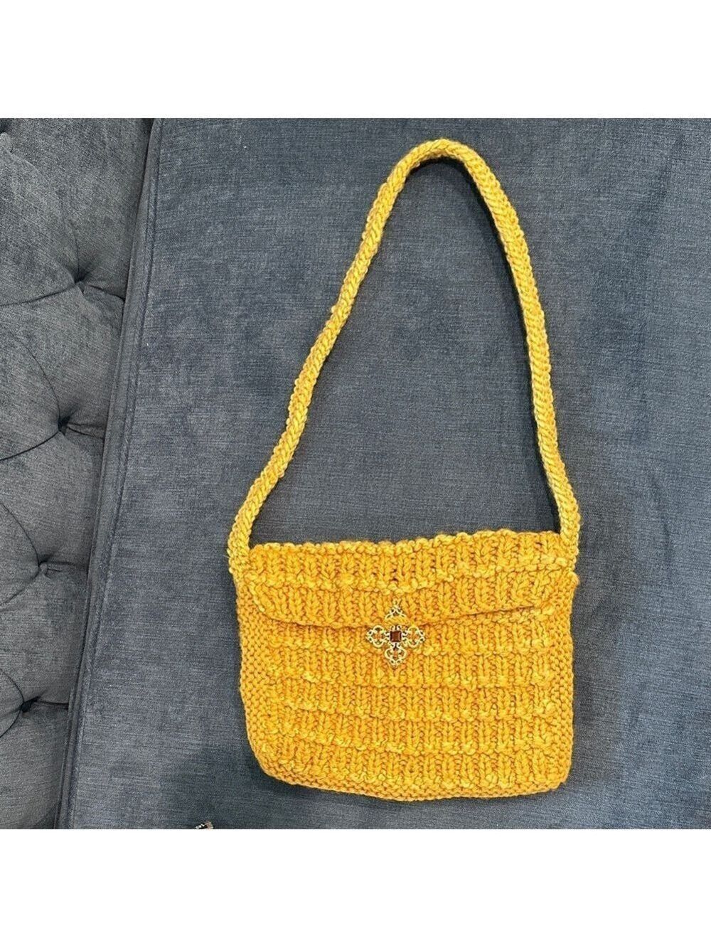 Elegant Mustard Yellow Hand Knit Shoulder Bag with Gold, Jewel, Beads, closure